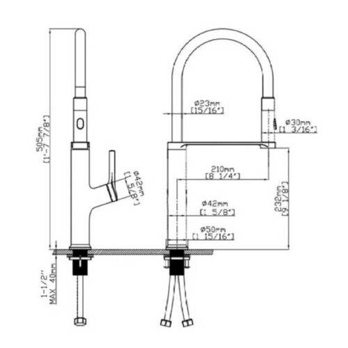 Kích thước vòi rửa bát nóng lạnh Paul Schmitt PA316K có dây rút