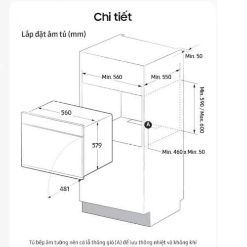 Kích thước hộc tủ lò nướng âm tủ 76 lít Samsung Bespoke NV7B6675CAA/SV