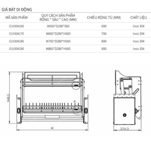 Kích thước giá bát di động Eurogold EUI304160