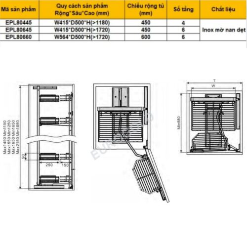 Kích thước tủ khô nan dẹt 4 tầng Eurogold EPL80445