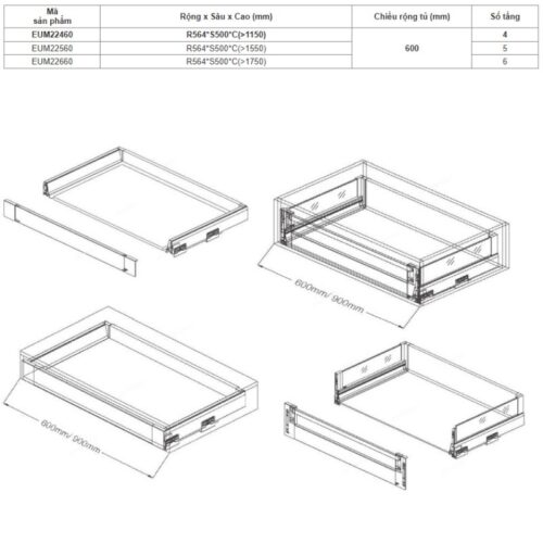 Kích thước tủ kho ngăn kéo độc lập Eurogold EUM22560