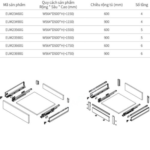 Kích thước tủ kho ngăn kéo độc lập Eurogold EUM23490G