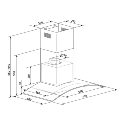 Kích thước máy hút mùi áp tường Binova BI-58-GT-07