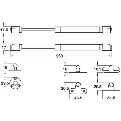 Kích thước chi tiết pittong đẩy cánh tủ 120N Hafele 373.82.909