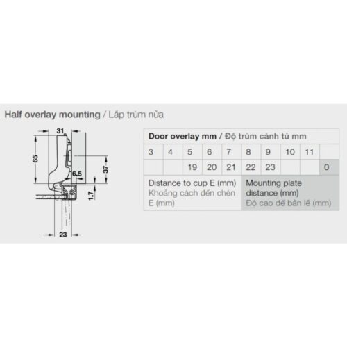 Thông số kỹ thuật bản lề khung nhôm đố nhỏ (trùm nửa) Hafele 315.26.701