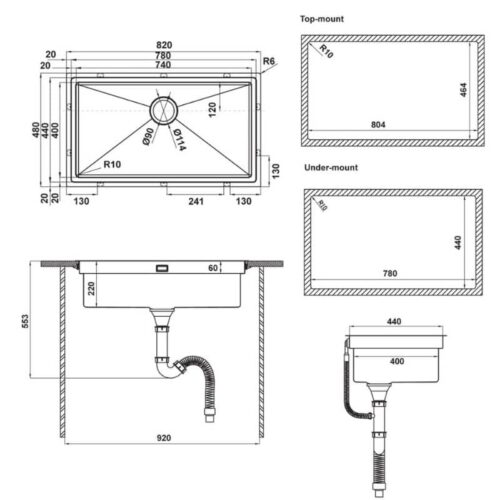 Kích thước bộ chậu rửa và phụ kiện Hafele HS21-SSN1S90 567.94.029