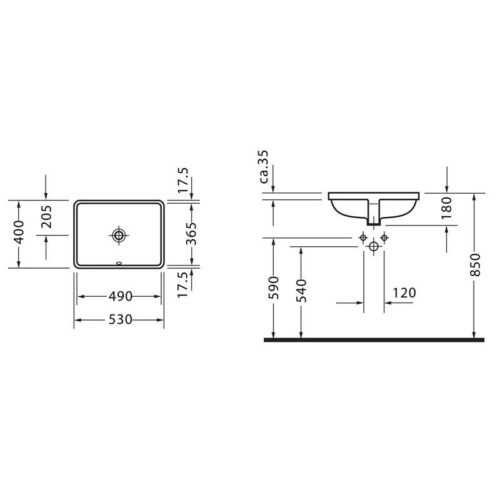 Kích thước lavabo âm bàn Duravit Starck 3 Hafele 588.45.082