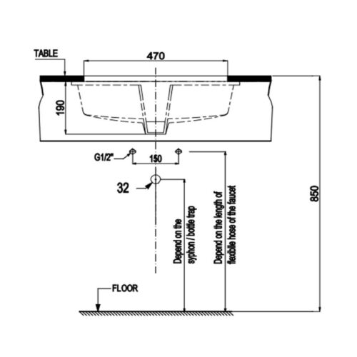 Kích thước chậu lavabo âm bàn Sapporo 545 Hafele 588.79.014-2