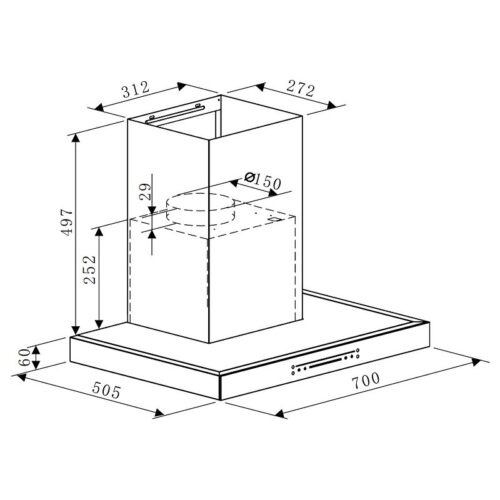 Kích thước máy hút mùi áp tường Hafele HC-W705B 533.87.377