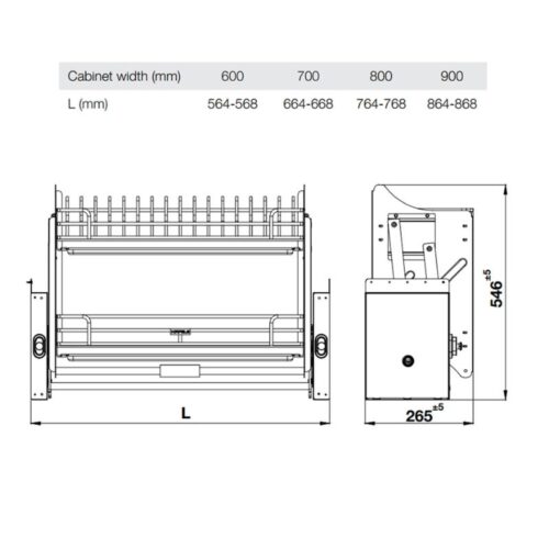 Kích thước giá bát nâng hạ Hafele Oria 504.71.074 700mm