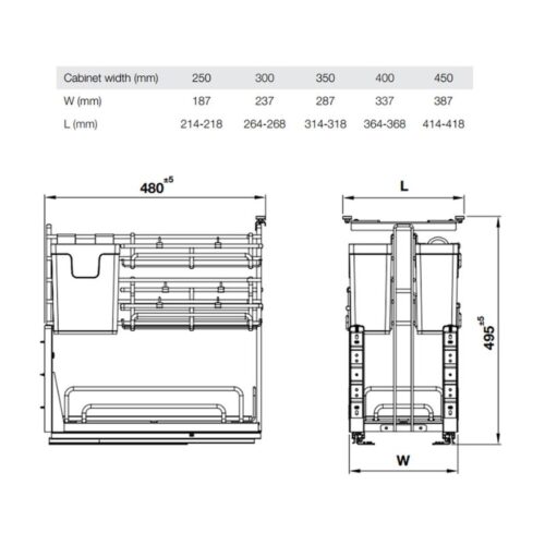 Kích thước giá dao thớt Inox 304 Hafele Omero 547.11.002 250mm