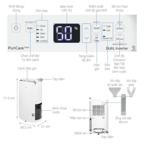 Thông số kỹ thuật máy hút ẩm LG 16L MD16GQSE0.ABAE