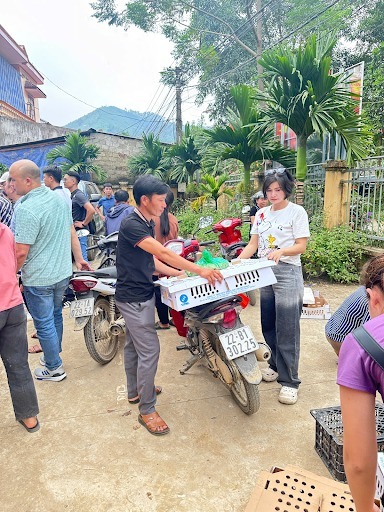 Bà con Tuyên Quang đã nhận được gà giống và cám.