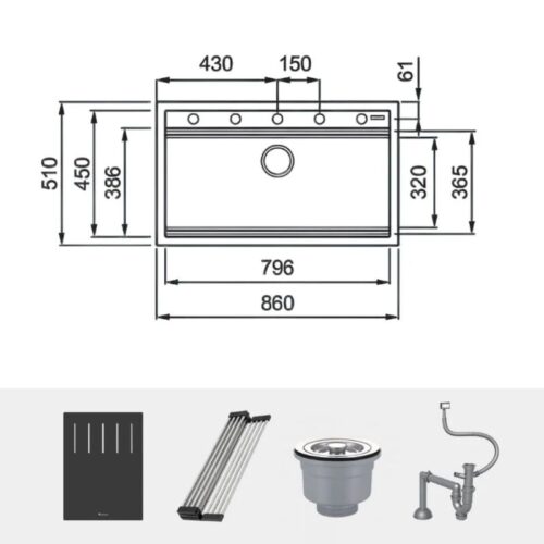 Chi tiết chậu rửa bát đá 1 hố Konox Terra 860S