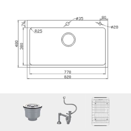 Chi tiết chậu rửa bát inox 1 hố Konox KN8248SO Dekor