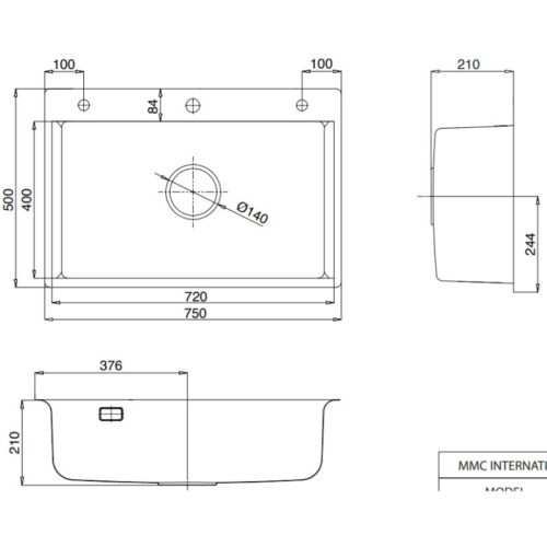 Kích thước chậu rửa bát 1 hố Kluger KF8121S-S75