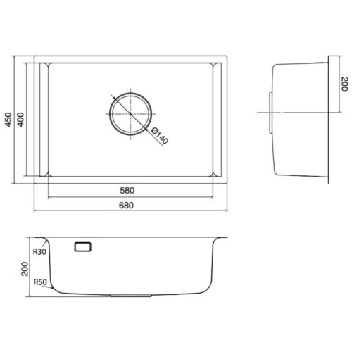 Kích thước chậu rửa bát 1 hố Kluger KU8121B-S68