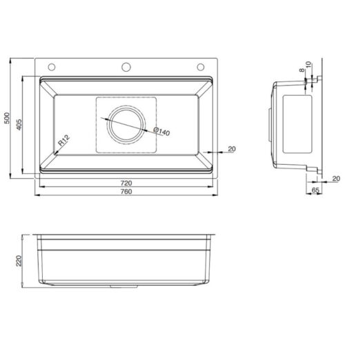 Kích thước chậu rửa bát 1 hố Kluger KWF8161FB-S76 Plus