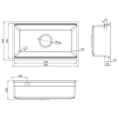 Kích thước chậu rửa bát 1 hố Kluger KWU8161FB-S76