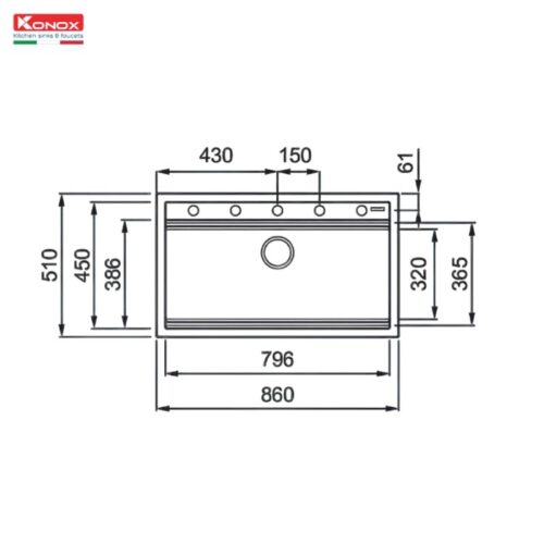 Kích thước chậu rửa bát đá 1 hố Konox Terra 860S Grey