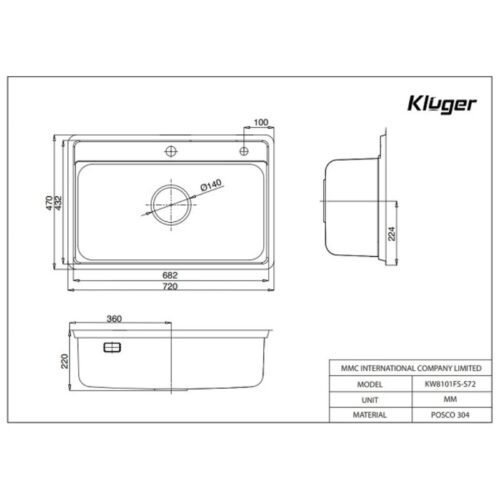 Kích thước chậu rửa phụ inox Kluger KSWB-403FS