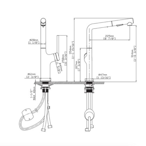 Kích thước vòi rửa bát nóng lạnh Kluger KLF0001B có dây rút