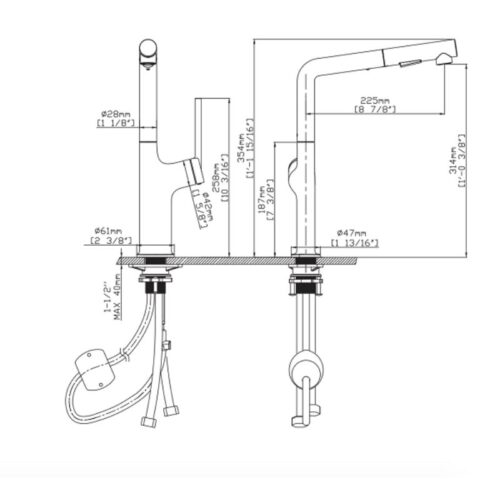 Kích thước vòi rửa bát nóng lạnh Kluger KLF0001S có dây rút