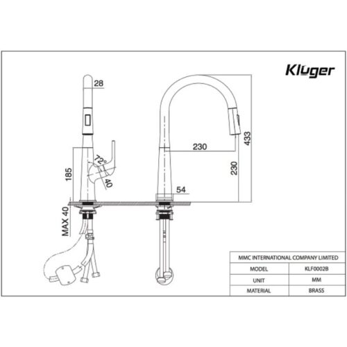 Kích thước vòi rửa bát nóng lạnh Kluger KLF0002B có dây rút