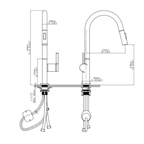 Kích thước vòi rửa bát nóng lạnh Kluger KLF0003C có dây rút