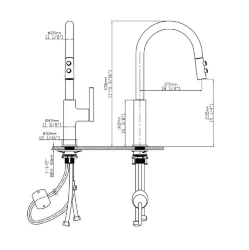 Kích thước vòi rửa bát nóng lạnh Kluger KLF0005C có dây rút