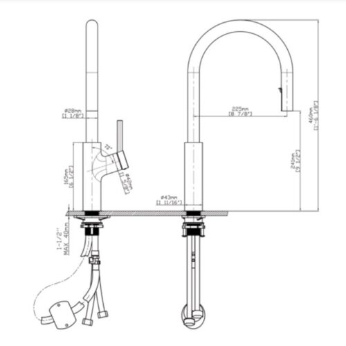 Kích thước vòi rửa bát nóng lạnh Kluger KLF0006C có dây rút