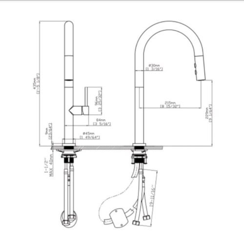 Kích thước vòi rửa bát nóng lạnh Kluger KLF0010C có dây rút