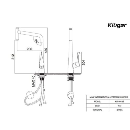 Kích thước vòi rửa bát nóng lạnh Kluger KLF0016B có dây rút