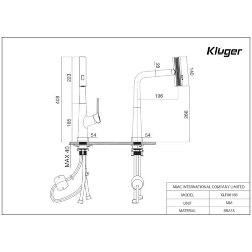 Kích thước vòi rửa bát nóng lạnh Kluger KLF0018B có dây rút