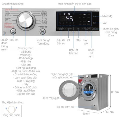 Chi tiết máy giặt sấy LG giặt 9 kg – sấy 5 kg FV1409G4V