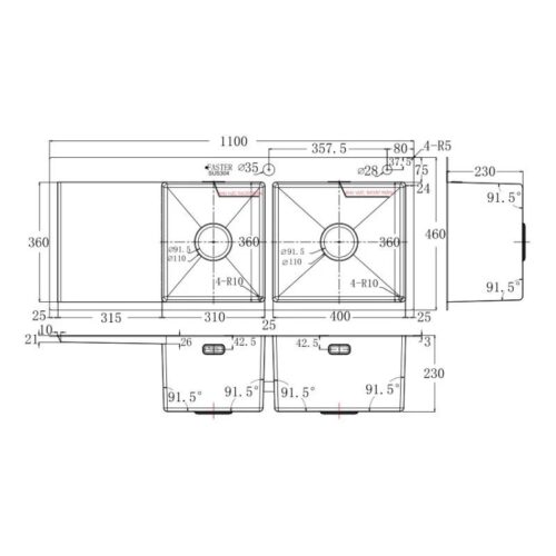 Kích thước chậu rửa bát inox 2 hố Faster FS 11046HLS