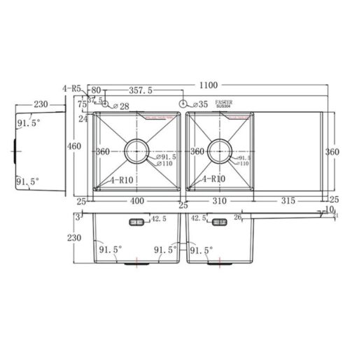 Kích thước chậu rửa bát inox 2 hố Faster FS 11046HMS